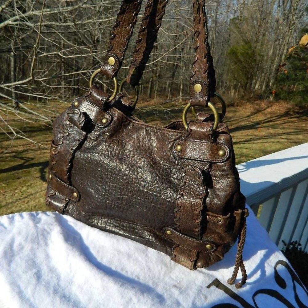 Kooba Brown Distressed Pebbled Leather Sienna Handbag /Brass Hdw